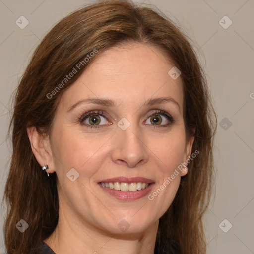 Joyful white adult female with medium  brown hair and grey eyes