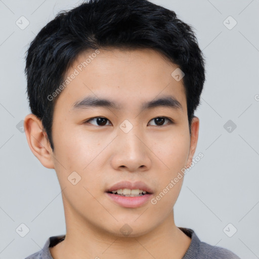 Neutral asian young-adult male with short  black hair and brown eyes