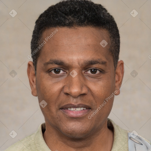 Joyful black young-adult male with short  brown hair and brown eyes