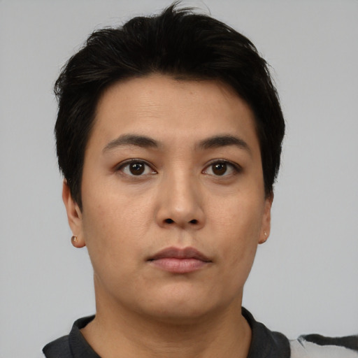 Neutral asian young-adult female with short  black hair and brown eyes