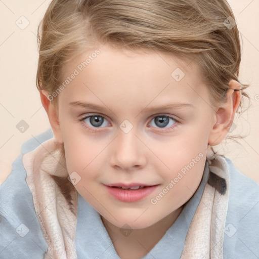 Joyful white child female with medium  brown hair and blue eyes