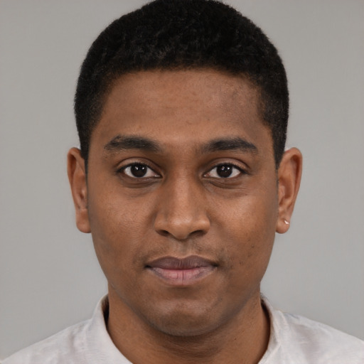 Neutral black young-adult male with short  black hair and brown eyes