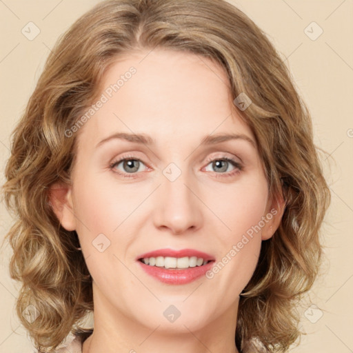 Joyful white young-adult female with medium  brown hair and green eyes