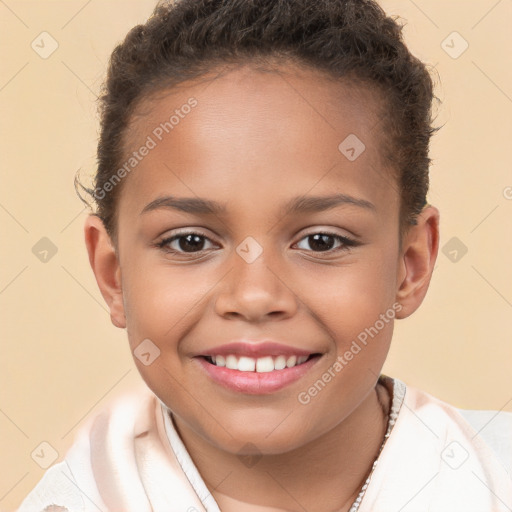 Joyful white child female with short  brown hair and brown eyes