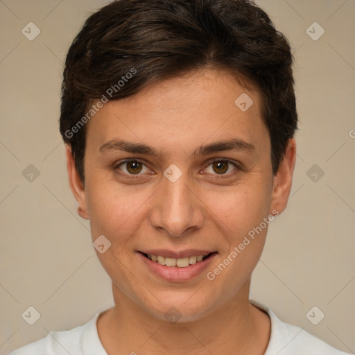 Joyful white young-adult female with short  brown hair and brown eyes