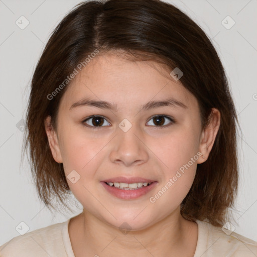 Joyful white child female with medium  brown hair and brown eyes