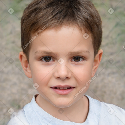 Joyful white child male with short  brown hair and brown eyes