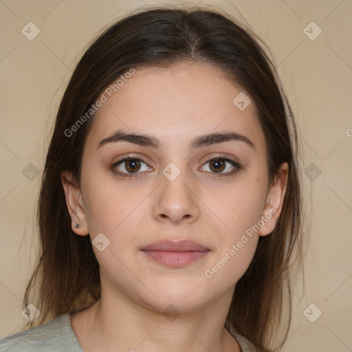 Neutral white young-adult female with medium  brown hair and brown eyes