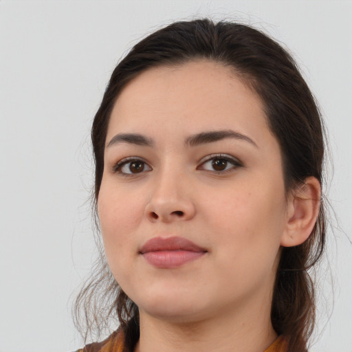 Neutral white young-adult female with medium  brown hair and brown eyes