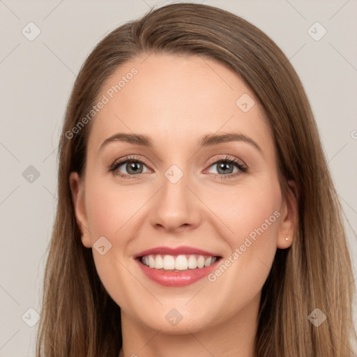 Joyful white young-adult female with long  brown hair and grey eyes