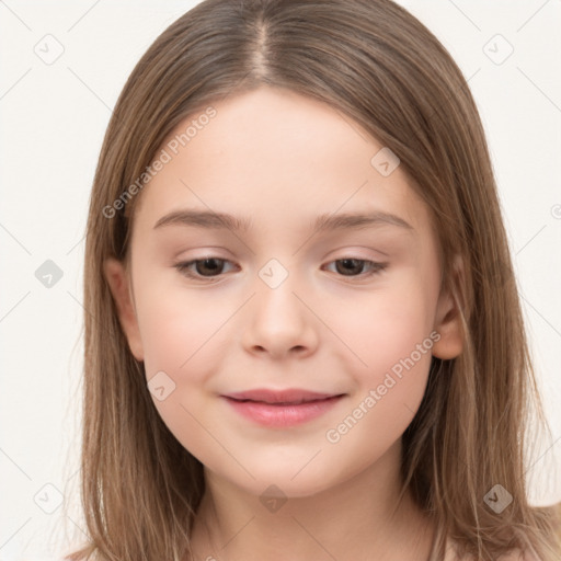 Joyful white child female with long  brown hair and brown eyes