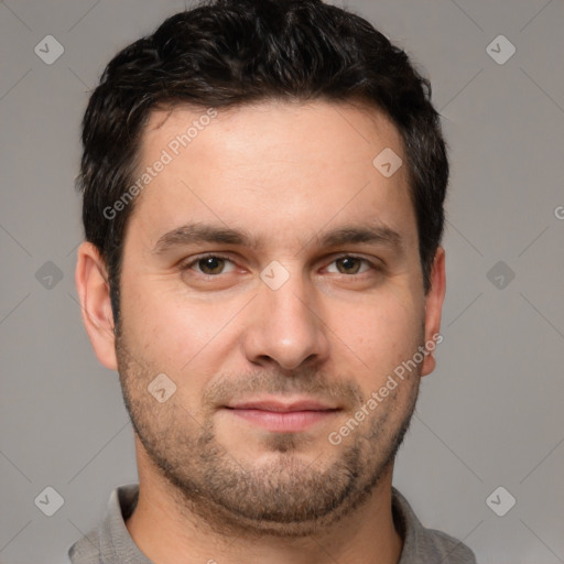 Neutral white young-adult male with short  brown hair and brown eyes