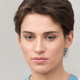 Neutral white young-adult female with short  brown hair and brown eyes