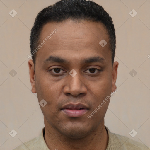 Neutral black young-adult male with short  black hair and brown eyes