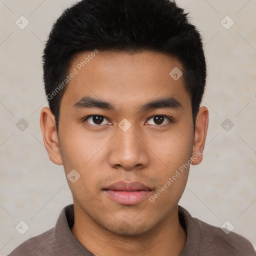 Neutral asian young-adult male with short  black hair and brown eyes