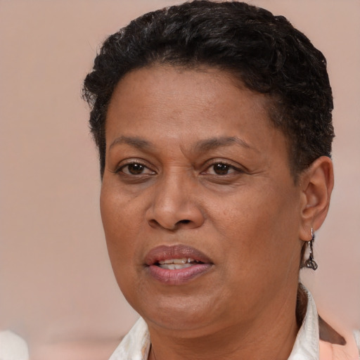 Joyful white adult female with short  brown hair and brown eyes