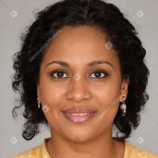 Joyful black young-adult female with medium  brown hair and brown eyes