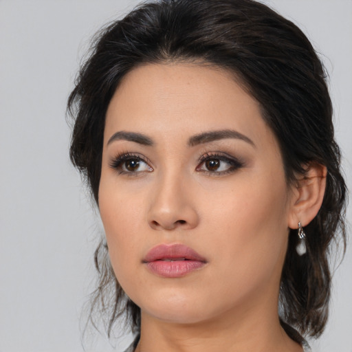 Neutral asian young-adult female with medium  black hair and brown eyes