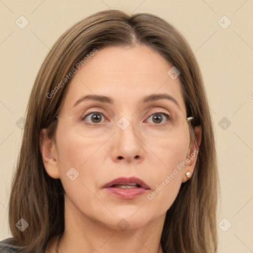 Neutral white adult female with medium  brown hair and grey eyes