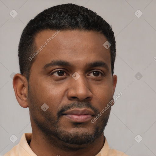 Neutral latino young-adult male with short  black hair and brown eyes