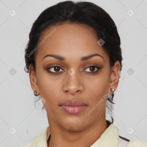 Joyful latino young-adult female with medium  brown hair and brown eyes