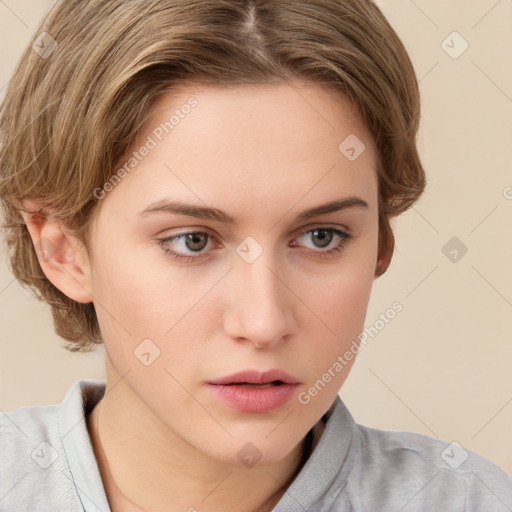 Neutral white young-adult female with medium  brown hair and grey eyes