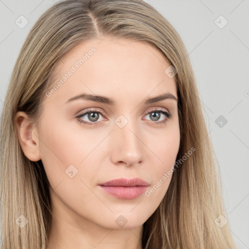 Neutral white young-adult female with long  brown hair and brown eyes