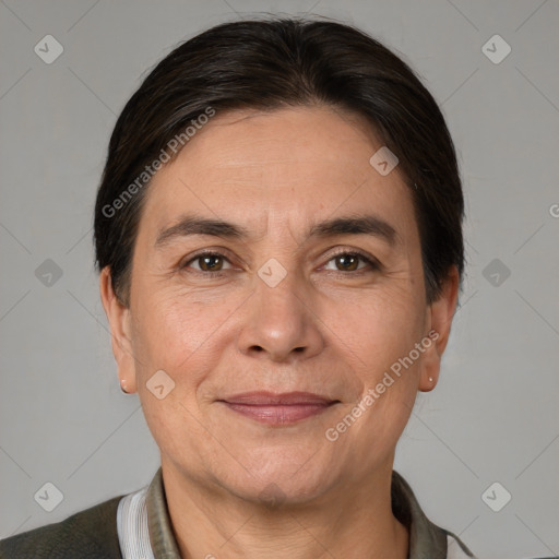 Joyful white adult female with short  brown hair and brown eyes