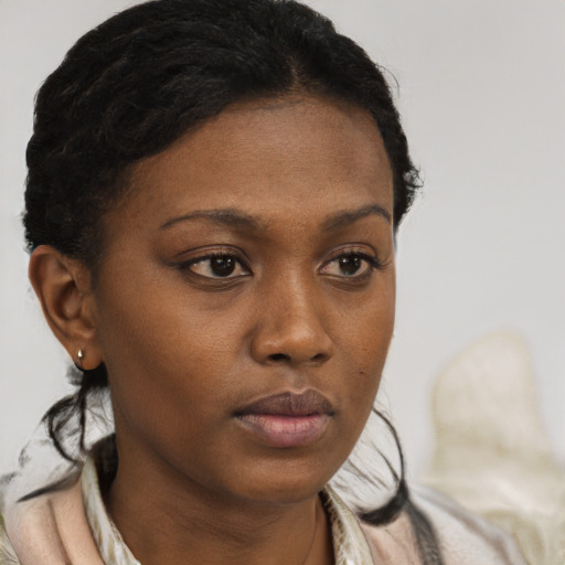 Neutral black young-adult female with short  brown hair and brown eyes