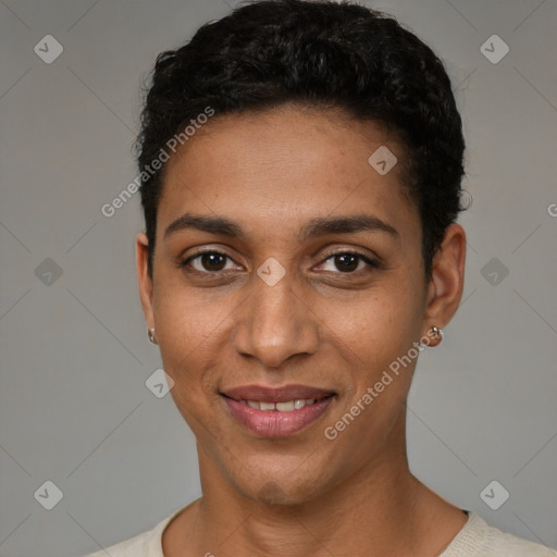 Joyful latino young-adult female with short  brown hair and brown eyes