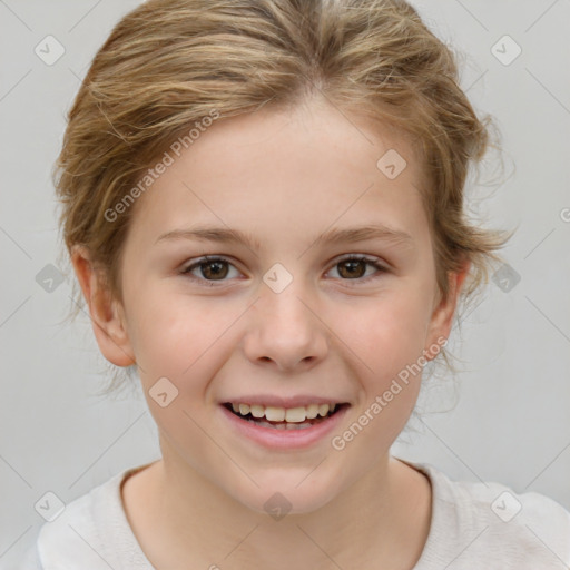 Joyful white child female with medium  brown hair and brown eyes