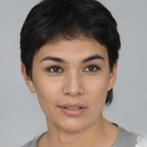 Neutral asian young-adult female with short  black hair and brown eyes