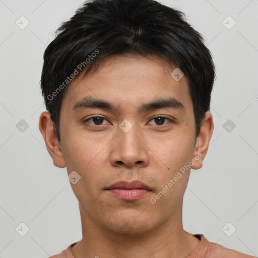 Neutral asian young-adult male with short  black hair and brown eyes