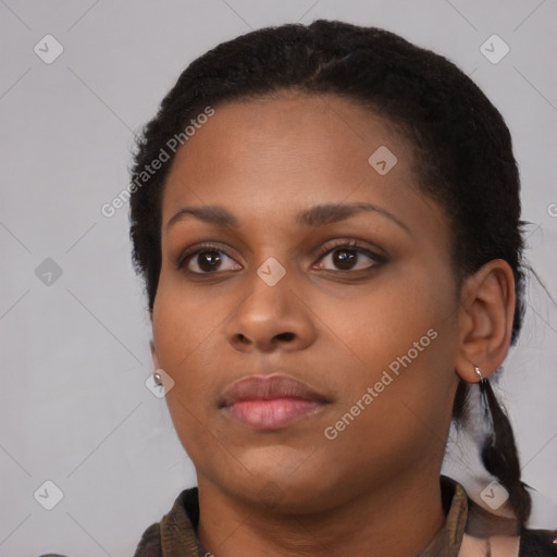 Neutral black young-adult female with short  black hair and brown eyes