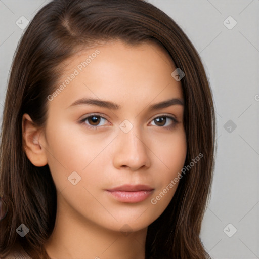 Neutral white young-adult female with long  brown hair and brown eyes