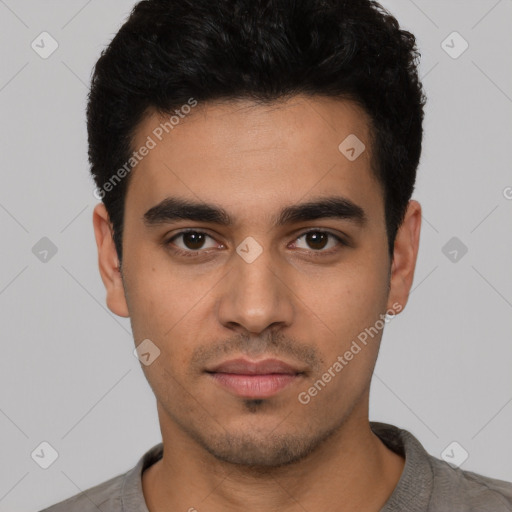 Neutral latino young-adult male with short  black hair and brown eyes