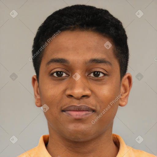 Joyful latino young-adult male with short  brown hair and brown eyes