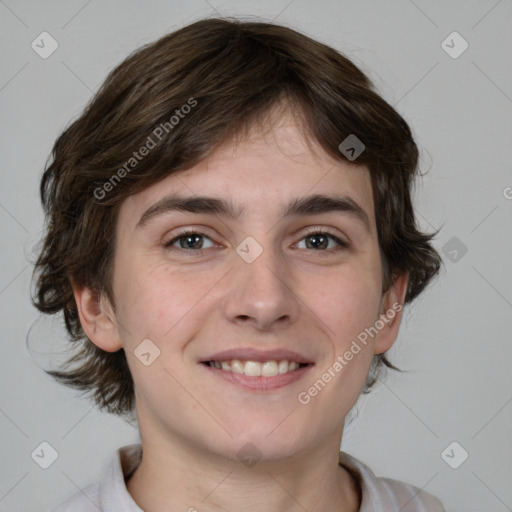 Joyful white young-adult male with medium  brown hair and brown eyes