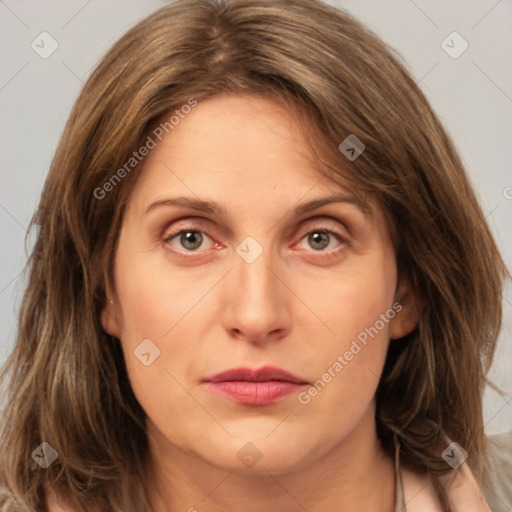 Joyful white young-adult female with medium  brown hair and green eyes