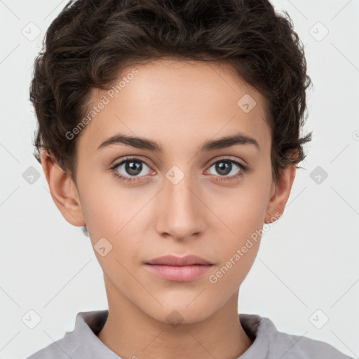 Neutral white young-adult female with short  brown hair and brown eyes