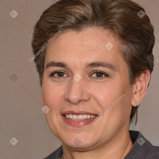 Joyful white adult male with medium  brown hair and brown eyes