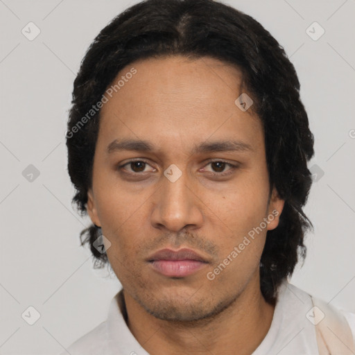 Neutral latino adult male with short  black hair and brown eyes