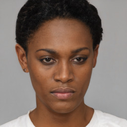 Neutral black young-adult female with short  black hair and brown eyes