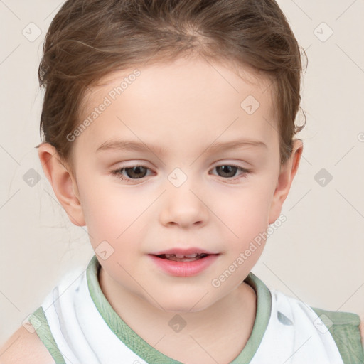 Joyful white child female with short  brown hair and brown eyes