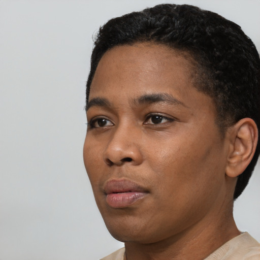 Neutral black young-adult female with short  black hair and brown eyes