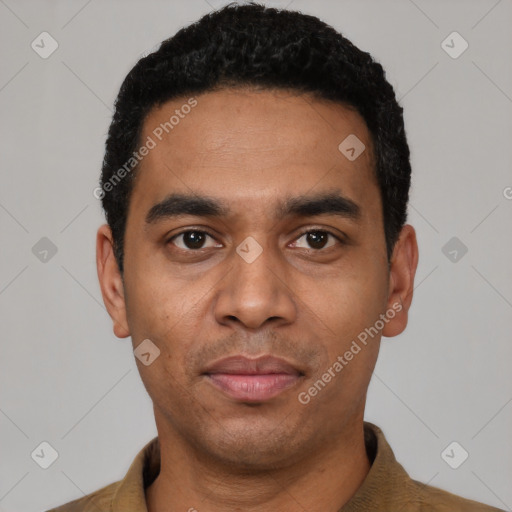 Neutral latino young-adult male with short  black hair and brown eyes