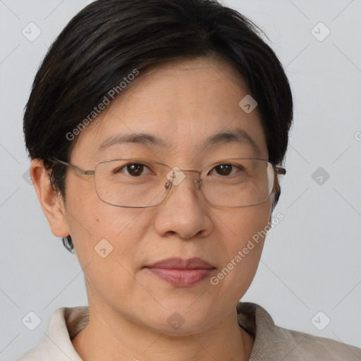 Joyful white adult female with short  brown hair and brown eyes