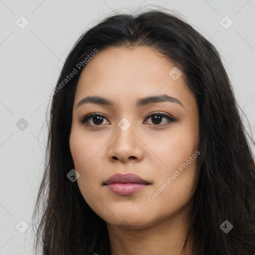 Neutral latino young-adult female with long  black hair and brown eyes