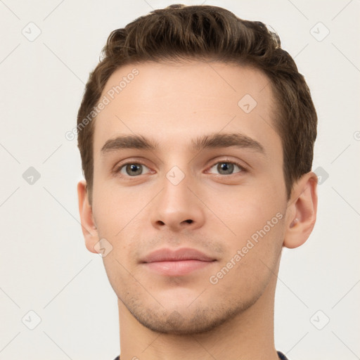 Neutral white young-adult male with short  brown hair and brown eyes