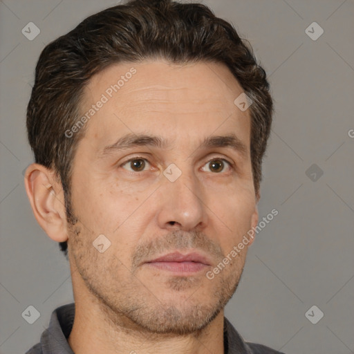 Neutral white adult male with short  brown hair and brown eyes